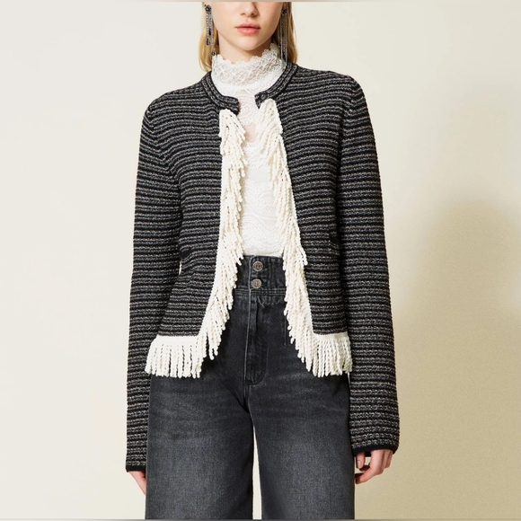 New Twinset Milano Sz M Jacquard Luxury Designer Cardigan Sweater Jacket Fringe - Picture 1 of 12